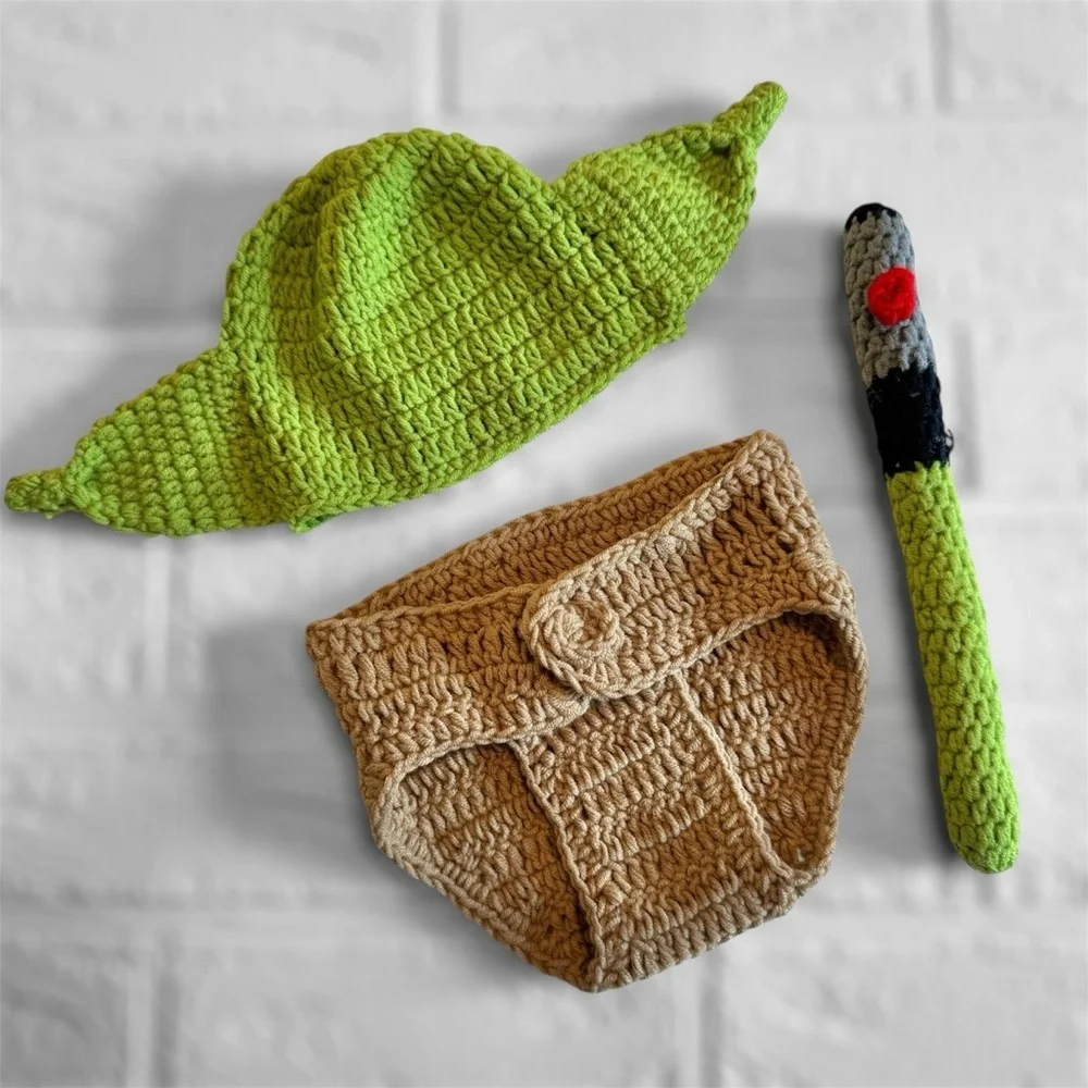 Newborn Green and Tan Crochet Baby Yoda Costume Set
